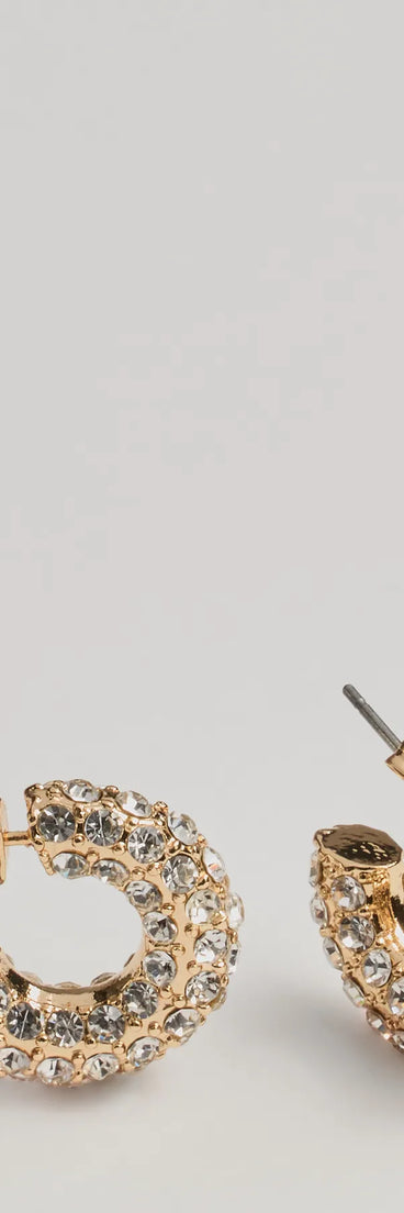 Rhinestone Glam Mini Hoop Earrings, a trendy gold addition to women's going-out outfits, is ideal for Christmas party outfits, chic NYE attire, or winter night-out looks that keep you on-trend!