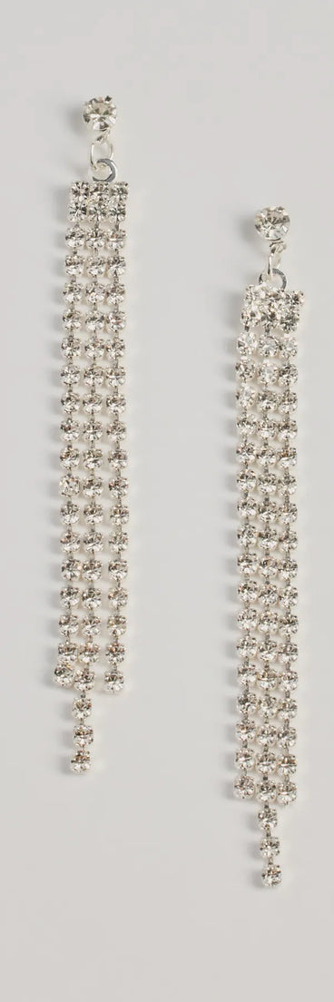 The Endless Shine Rhinestone Fringe Earrings helps create a chic silver women's cocktail outfit with a trendy texture and stylish design, ideal for wedding guest cocktail outfits or dinner parties