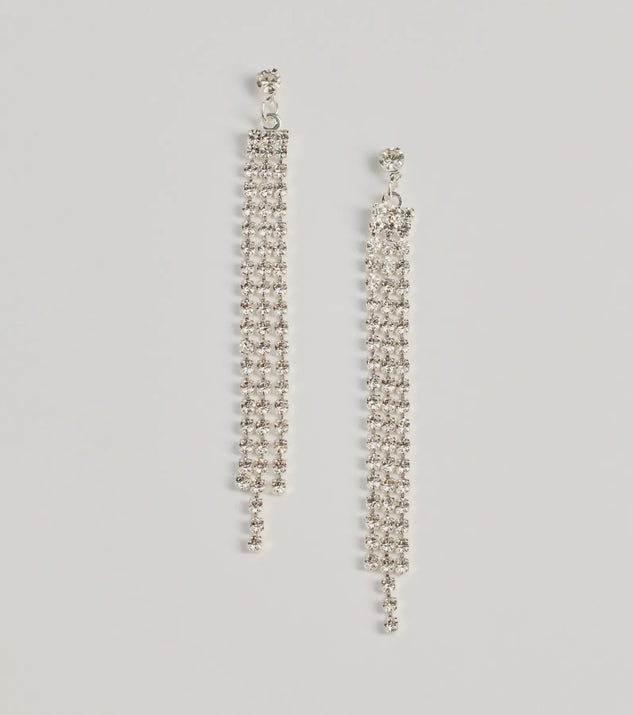 The Endless Shine Rhinestone Fringe Earrings helps create a chic silver women's cocktail outfit with a trendy texture and stylish design, ideal for wedding guest cocktail outfits or dinner parties