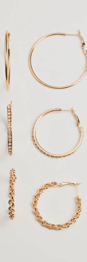 The Perfect Balance Hoop Earrings Set in gold is a women's workwear essential with an elevated fabric and chic silhouette, ideal for layering and versatile enough to take your look from office chic to going-out ready!