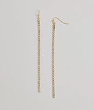 The Endless Glam Linear Rhinestone Earrings helps create a chic gold women's cocktail outfit with a trendy texture and stylish design, ideal for wedding guest cocktail outfits or dinner parties.