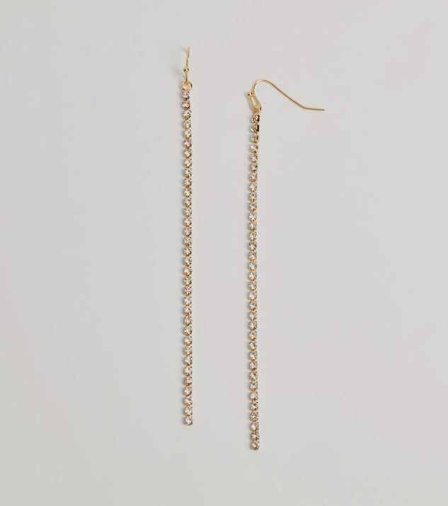 The Endless Glam Linear Rhinestone Earrings helps create a chic gold women's cocktail outfit with a trendy texture and stylish design, ideal for wedding guest cocktail outfits or dinner parties.