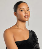 The Endless Glam Linear Rhinestone Earrings helps create a chic gold women's cocktail outfit with a trendy texture and stylish design, ideal for wedding guest cocktail outfits or dinner parties.