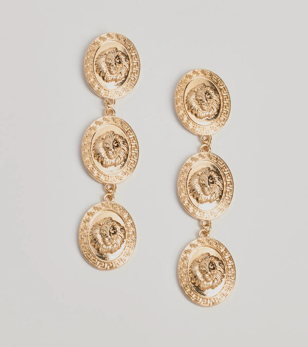 Roaring Glam Textured Lion Charm Earrings, a trendy gold addition to women's going-out outfits, is ideal for Christmas party outfits, chic NYE attire, or winter night-out looks that keep you on-trend!
