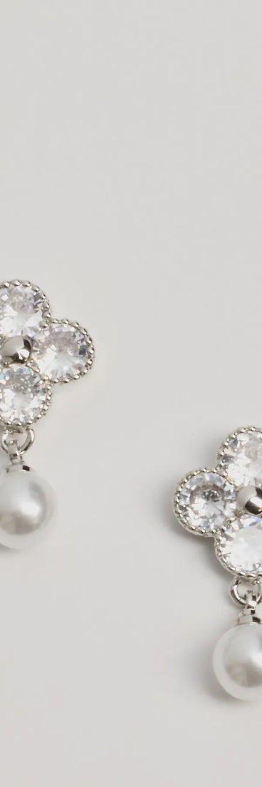 The Cutest Glam Rhinestone And Pearl Clover Stud Earrings helps create a chic silver women's cocktail outfit with a trendy texture and stylish design, ideal for wedding guest cocktail outfits or dinner parties