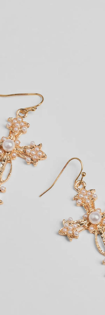 Glam Radiance Cross Charm Faux Pearl Earrings
