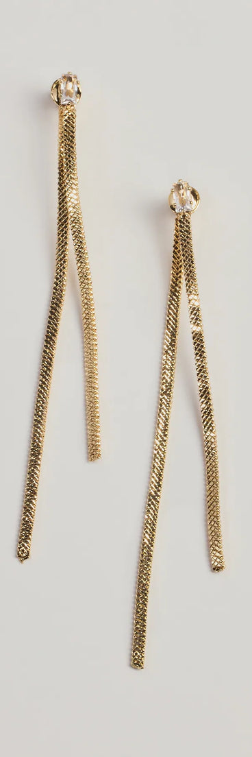 Stay Sleek Cubic Zirconia Metal Fringe Earrings, a trendy gold addition to women's going-out outfits, is ideal for Christmas party outfits, chic NYE attire, or winter night-out looks that keep you on-trend!