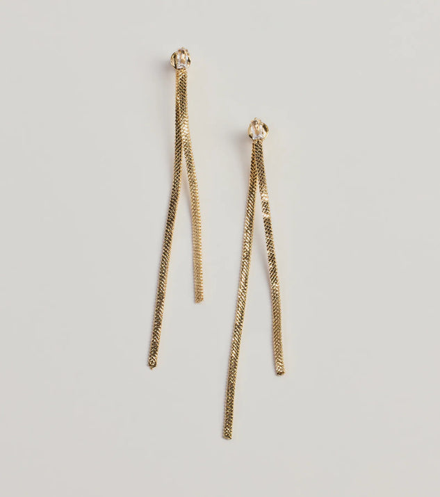 Stay Sleek Cubic Zirconia Metal Fringe Earrings, a trendy gold addition to women's going-out outfits, is ideal for Christmas party outfits, chic NYE attire, or winter night-out looks that keep you on-trend!