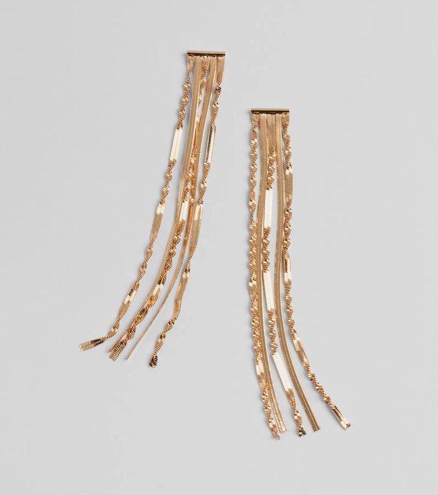 The Edgy Glam Long Chain Fringe Earrings in gold brings edge and energy to your vibe, ready to elevate any festival look or concert outfit.