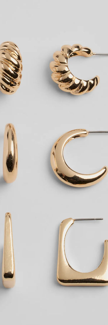 Stay on-trend this season with the Sleek Moments Three Pack Earrings Set in gold, a must-have for creating stylish and effortless spring outfits for women.