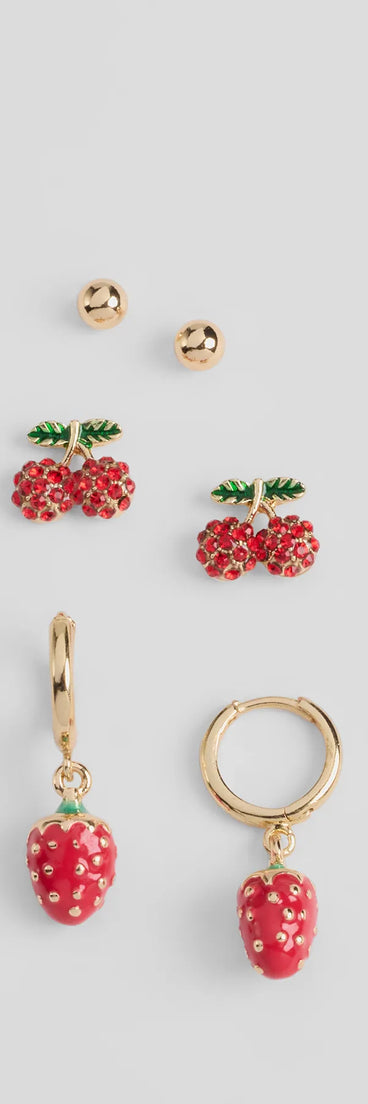 Stay on-trend this season with the Fruity Delight Three-Pack Earrings Set in gold, a must-have for creating stylish and effortless spring outfits for women.