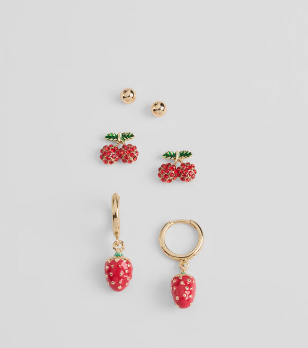 Stay on-trend this season with the Fruity Delight Three-Pack Earrings Set in gold, a must-have for creating stylish and effortless spring outfits for women.