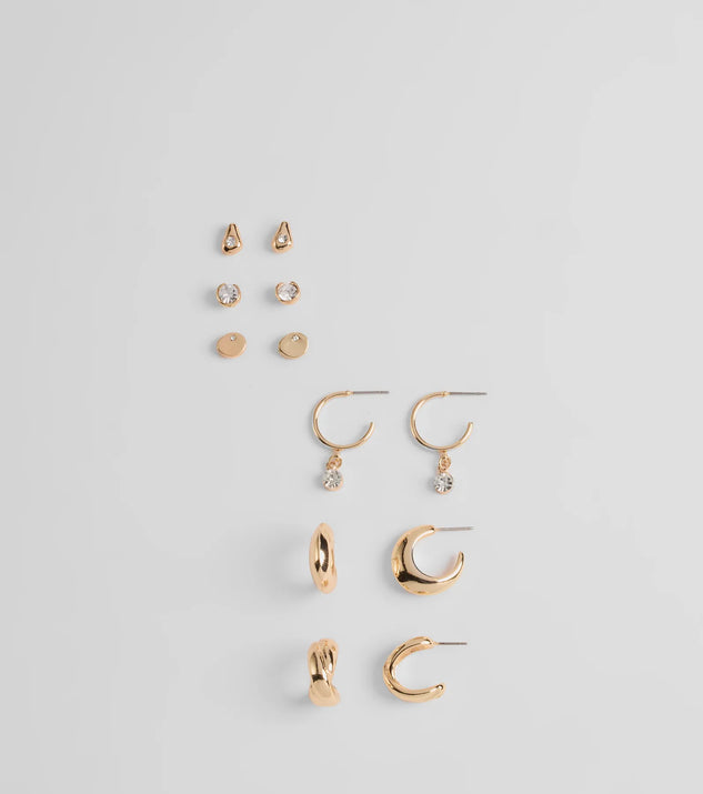 Stay on-trend this season with the Petit Moments Six-Pack Stud And Huggie Earrings in gold, a must-have for creating stylish and effortless spring outfits for women.