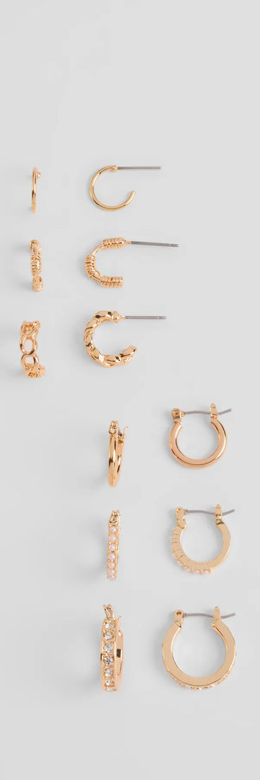 Stay on-trend this season with the Trendy Radiance Six-Pack Hoop And Huggie Earrings in gold, a must-have for creating stylish and effortless spring outfits for women.