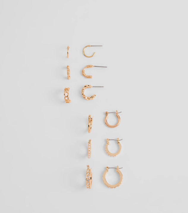 Stay on-trend this season with the Trendy Radiance Six-Pack Hoop And Huggie Earrings in gold, a must-have for creating stylish and effortless spring outfits for women.