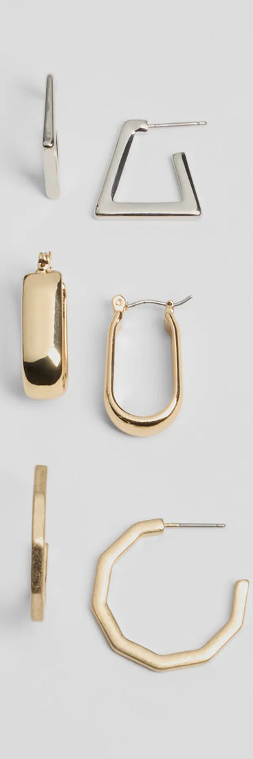 Sleek Detail Three-Pack Hoop Earrings Set