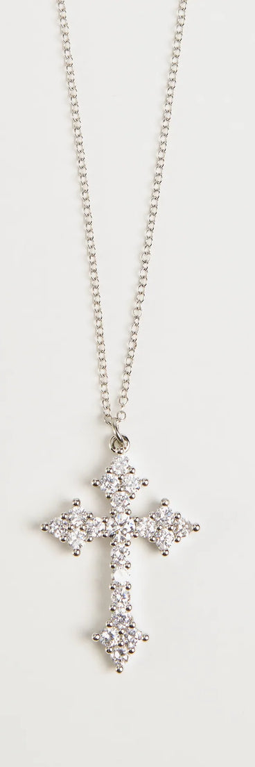This silver piece brings trend-right energy to the Divine Charm Rhinestone Cross Pendant Necklace, perfect for fall outfits that stand out.