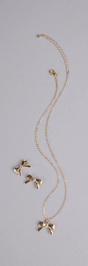 So Charming Bow Necklace And Stud Earrings Set