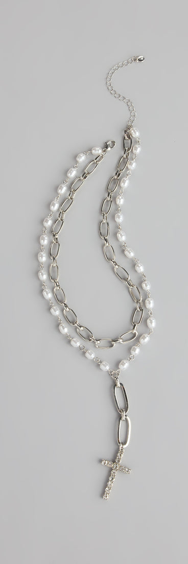 Style your vibe in seconds with the Saintly Chic Pearl And Rhinestone Cross Necklace, a fashion accessories essential that completes any outfit with ease.