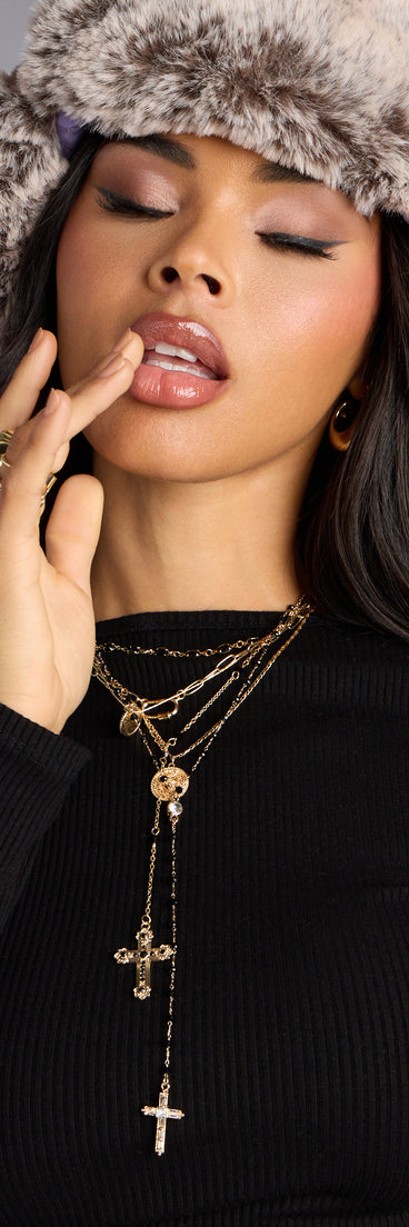 Bold Vibe Layered Lariat Cross Necklace