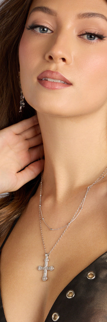 Style your vibe in seconds with the Divinely Draped Dainty Layered Cross Necklace in silver, a fashion accessories essential that completes any outfit with ease.