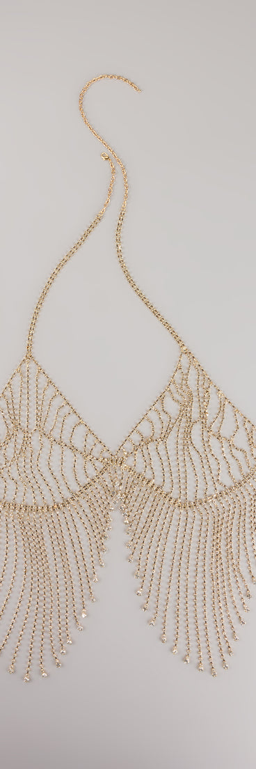 Style your vibe in seconds with the Goddess Drip Rhinestone Bra Chain Necklace in gold, a fashion accessories essential that completes any outfit with ease.