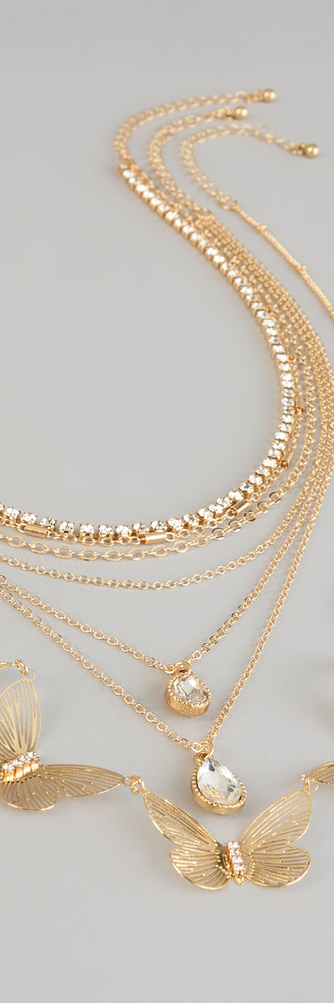 Golden Hour Glow Rhinestone Butterfly Layered Necklace