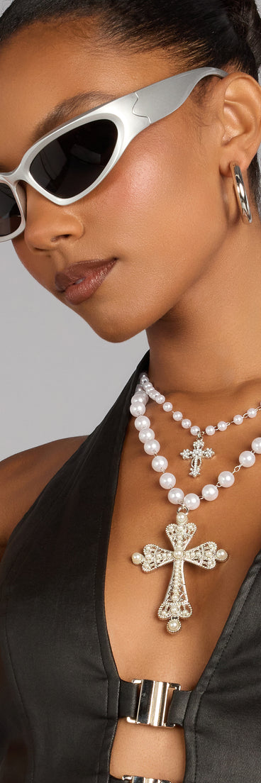 Soft Drama Faux Pearl Cross Necklace