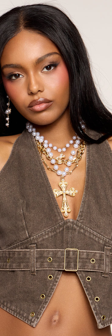 Soft Drama Faux Pearl Cross Necklace