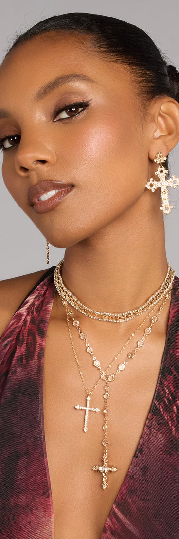 Soft Glow Rhinestone Cross Lariat Necklace