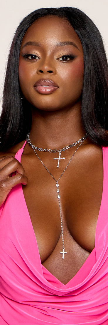 Layered Sparkle Rhinestone Cross Charm Lariat Necklace