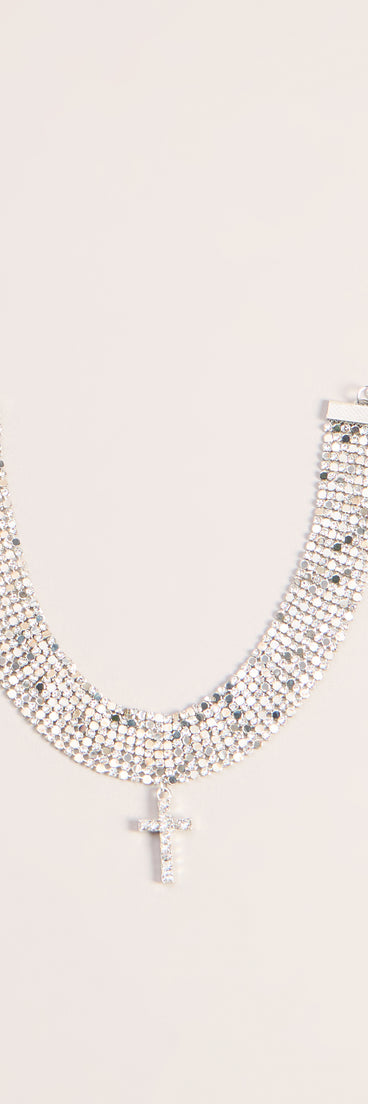 Glitzy Rhinestone Cross Chainmail Choker Necklace