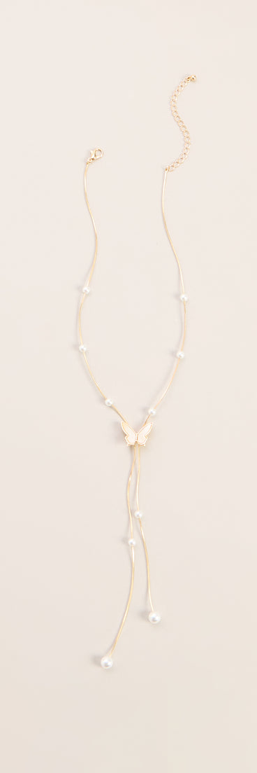 Caught Fluttering Pearl Butterfly Lariat Necklace