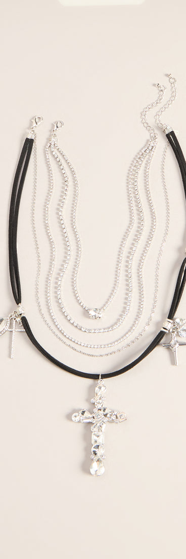 Cross My Heart Rhinestone Layered Necklace Set