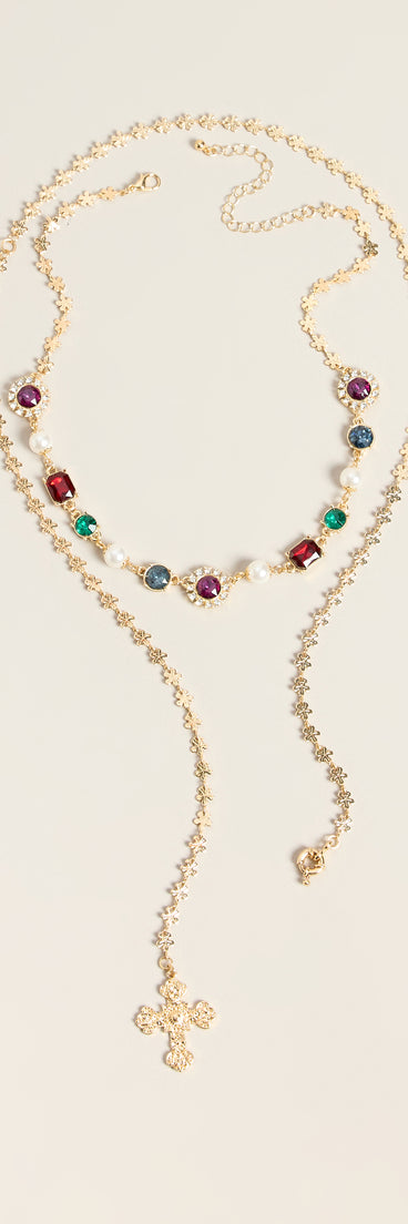 Color Theory Layered Stone Cross Lariat Necklace