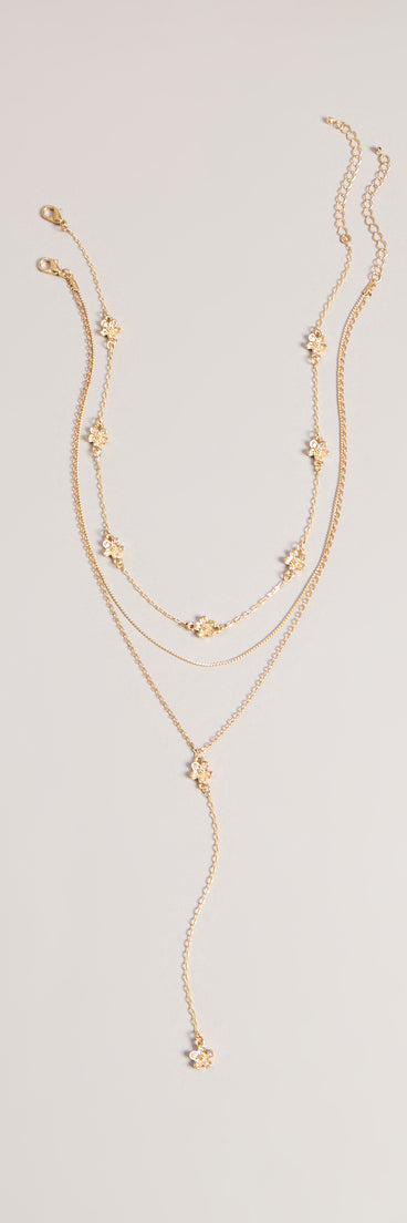 Bloom Line Rhinestone Flower Layered Lariat Necklace