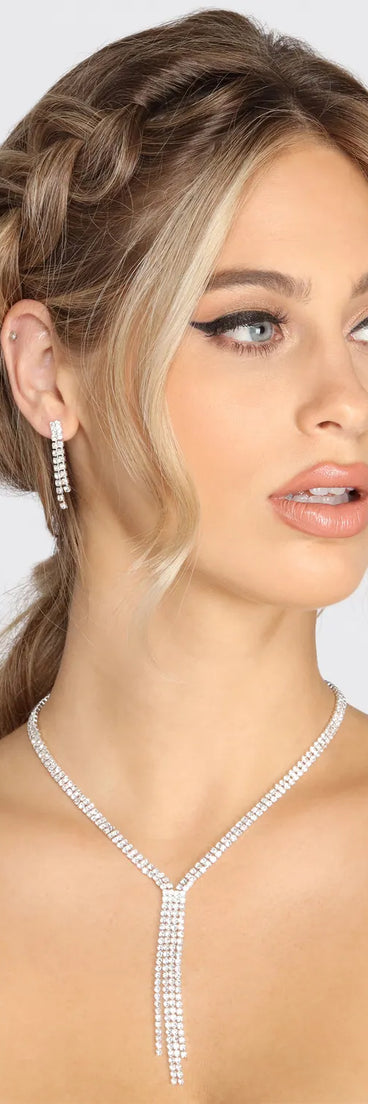 Night Time Glam Rhinestone Fringe Necklace Set