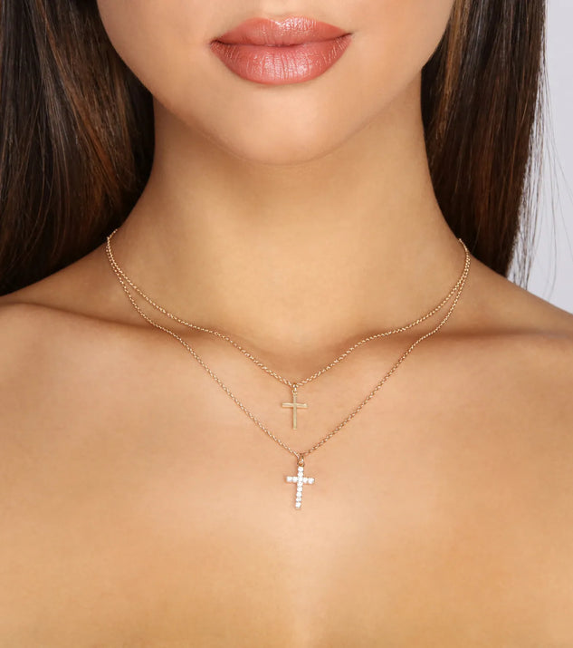 Double Cross Pendant Cubic Zirconia Necklace