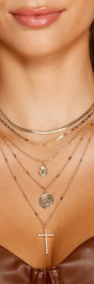 Dainty Chain Coin Charm And Cross Necklace Set