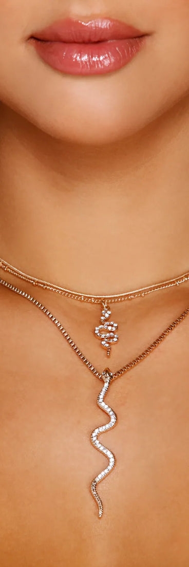 Layered Rhinestone Snake Charm Necklace
