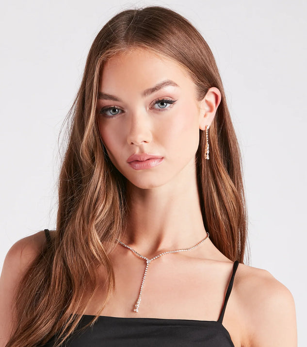 The Delicate Shine Rhinestone Lariat Earring Set helps create a chic gold women's cocktail outfit with a trendy texture and stylish design, ideal for wedding guest cocktail outfits or dinner parties.