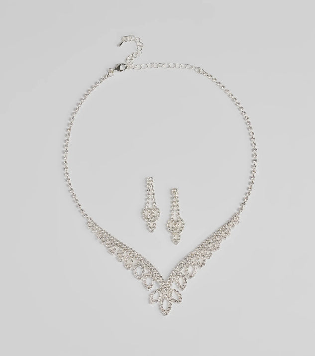 The Ultimate Glam Vibes Rhinestone Necklace And Earrings Set helps create a chic silver women's cocktail outfit with a trendy texture and stylish design, ideal for wedding guest cocktail outfits or dinner parties.