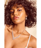 The Ultimate Glam Vibes Rhinestone Necklace And Earrings Set helps create a chic silver women's cocktail outfit with a trendy texture and stylish design, ideal for wedding guest cocktail outfits or dinner parties.