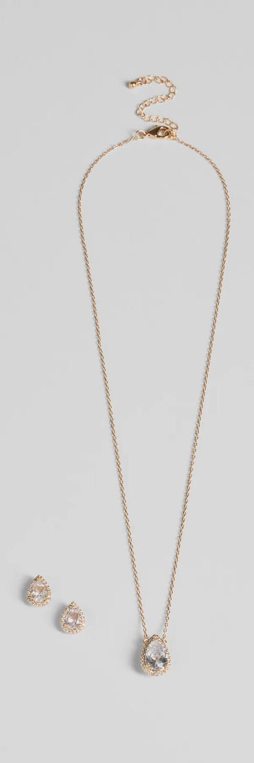 The Simple Luxe Vibes Cubic Zirconia Necklace And Earrings Set in gold is a women's workwear essential with an elevated fabric and chic silhouette, ideal for layering and versatile enough to take your look from office chic to going-out ready!