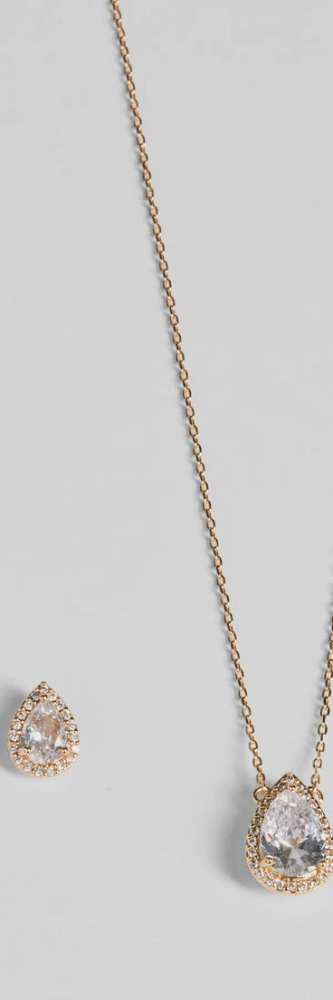 The Simple Luxe Vibes Cubic Zirconia Necklace And Earrings Set in gold is a women's workwear piece offering a trendy style and unique accents, perfect for effortlessly creating an outfit-of-the-day look that transitions your office look to going-out ready.