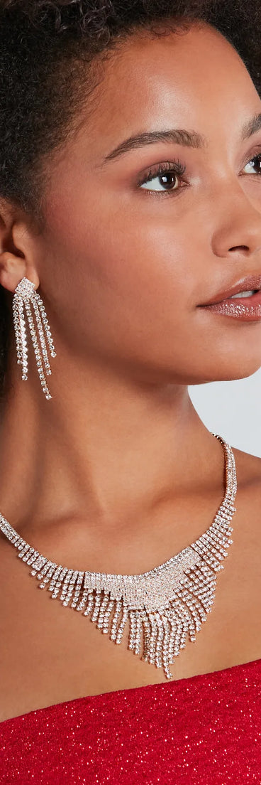 Level Up The Glitz Rhinestone Fringe Necklace And Earrings Set