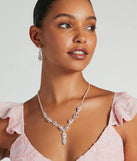 The Stunning Glitz Gemstone Necklace And Earrings Set helps create a chic pink women's cocktail outfit with a trendy texture and stylish design, ideal for wedding guest cocktail outfits or dinner parties.