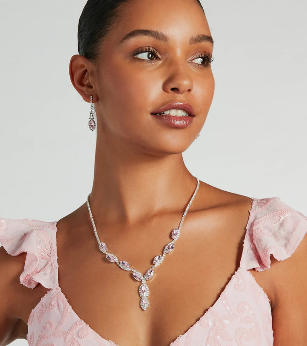 The Stunning Glitz Gemstone Necklace And Earrings Set helps create a chic pink women's cocktail outfit with a trendy texture and stylish design, ideal for wedding guest cocktail outfits or dinner parties.