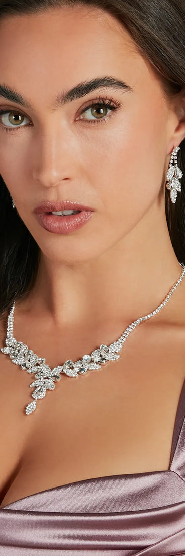 Glam Rhinestone Leaf-Shaped Necklace And Earring Set