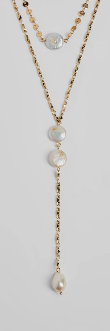 Coastal Glam Pearl Charm Lariat Necklace